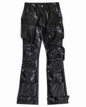 Black Premium Leather Multi Cargo Stacked Pants