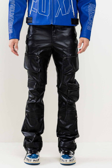 Black Premium Leather Multi Cargo Stacked Pants