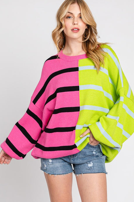 Pink/Lime Stripe Colorblock Bubble Sleeve Sweater