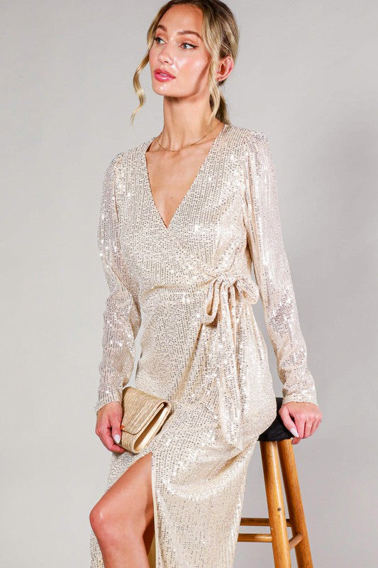 Taupe Long Sleeve Tie Waist Wrap Maxi Sequin Dress – Aquarius Brand