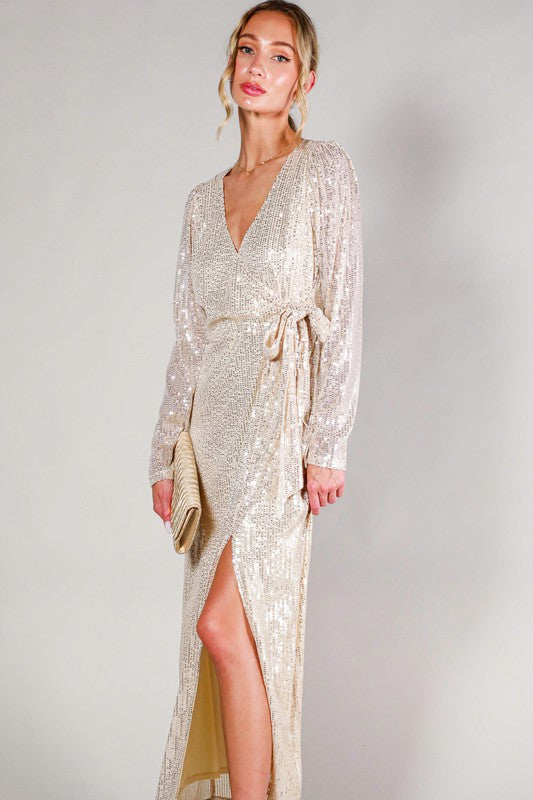 Taupe Long Sleeve Tie Waist Wrap Maxi Sequin Dress  Aquarius Brand