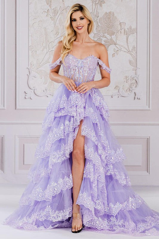 purple corset top dress Lilac Sparkle Tulle Corset Gown With Floral Appliqu