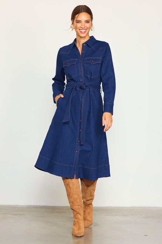 chinese dress ladies utcoco Womens Denim Dress 2025 Casual Long Sleeve Button Down Distressed  Belted Jean Dress with Pockets (X-Small, Dark Blue) at Amazon Women's  Clothing store main image 1