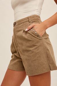 Dusty Olive Studded Detail Pockets Corduroy Shorts