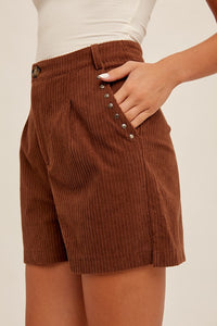 Chocolate Studded Detail Pockets Corduroy Shorts