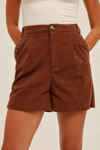 Chocolate Studded Detail Pockets Corduroy Shorts