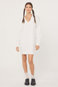 Off White V-Neck Cross Pattern Pearl Detail Sweater Dress