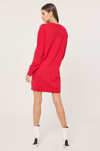 Red V-Neck Cross Pattern Pearl Detail Sweater Dress