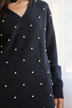 Black V-Neck Cross Pattern Pearl Detail Sweater Dress