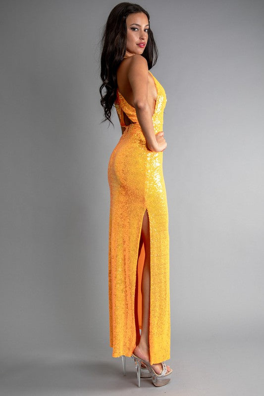 Orange Multi Color Sequin Halter Neck Deep V-Neck Keyhole – Aquarius Brand