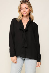 Black Long Sleeve Button Down V-Neck Front Tie Blouse