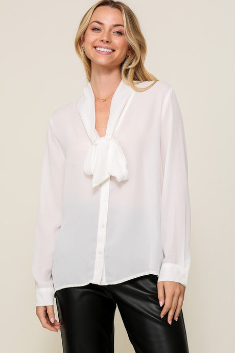 Ivory Long Sleeve Button Down V-Neck Front Tie Blouse