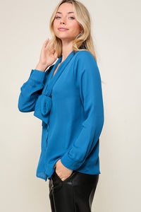 Teal Long Sleeve Button Down V-Neck Front Tie Blouse