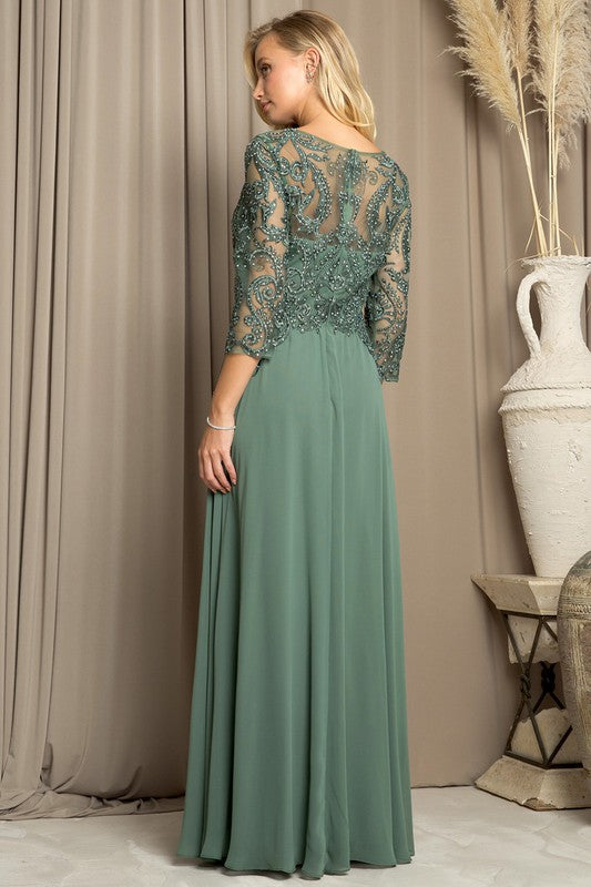 Eucalyptus Three Quarter Sleeve Lace Top A Line Mob Gown – Aquarius Brand