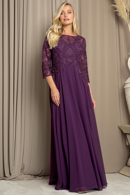 Plum Three Quarter Sleeve Lace Top A Line Mob Gown – Aquarius Brand