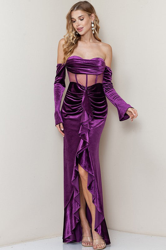 Purple Off Shoulder Corset Shirring Velvet Maxi Dress – Aquarius Brand
