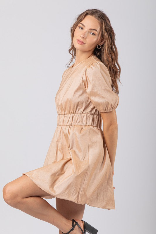 Champagne Puff Sleeve Shiny Holiday Party Mini Dress – Aquarius Brand