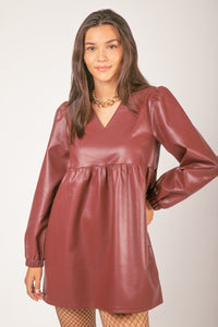 Wine V-neck Flare Faux Leather Babydoll Mini Dress