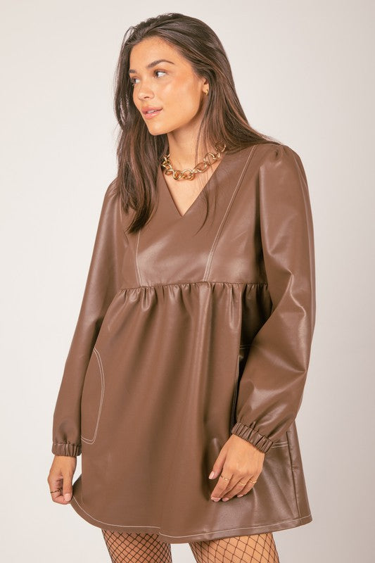 Brown V-neck Flare Faux Leather Babydoll Mini Dress Aquarius Brand Brown V-neck Flare Faux Leather Babydoll Mini Dress Aquarius Brand