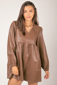 Brown V-neck Flare Faux Leather Babydoll Mini Dress