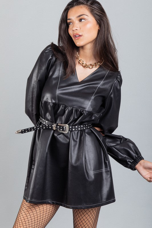 Black V-neck Flare Faux Leather Babydoll Mini Dress Aquarius Brand Black V-neck Flare Faux Leather Babydoll Mini Dress Aquarius Brand
