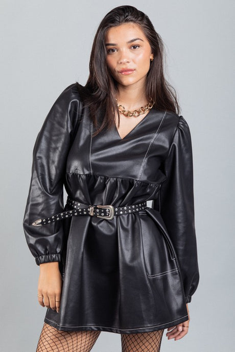Black V-neck Flare Faux Leather Babydoll Mini Dress