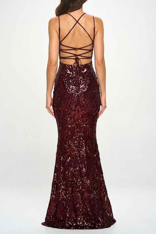 Wine Sequin Back Lace Up Mermaid Maxi Dress – Aquarius Brand