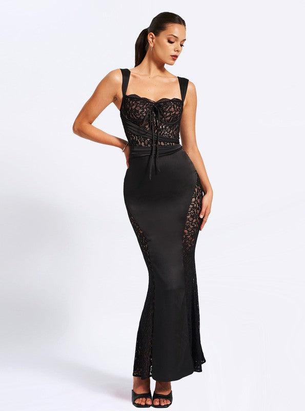 Umica Black Lace and Satin Maxi Dress  Aquarius Brand