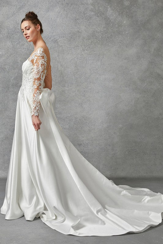 Off White Long Sleeve Deep V Neck Lace Top Wedding Dress  Aquarius Brand