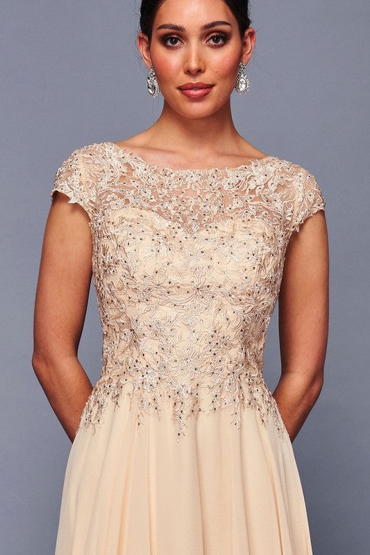 Champagne Short Sleeve Lace Top Chiffon Mob Dress – Aquarius Brand