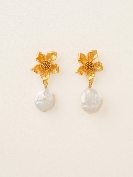 18K Gold-Plated Floral Earrings with Baroque Pearl
