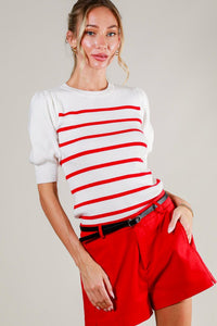 Cream/Red Short Puff Sleeve Striped Sweater Top