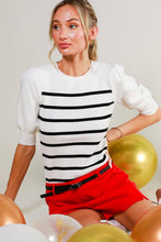 Cream/Black Short Puff Sleeve Striped Sweater Top