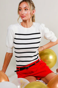 Cream/Black Short Puff Sleeve Striped Sweater Top