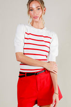 Cream/Red Short Puff Sleeve Striped Sweater Top