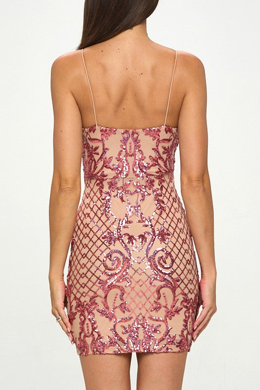 Nude/Pink Holo Sequin V-Neckline Bodycon Mini Dress – Aquarius Brand