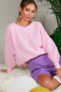 Pink Crew Neck Long Sleeve Textured Sweater Top