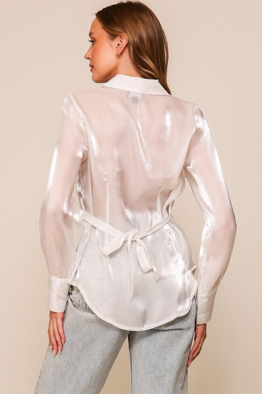 white organza button down