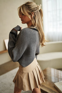 Grey V Neck Cropped Sweater with Stripe Hem