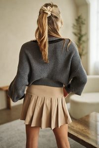 Grey V Neck Cropped Sweater with Stripe Hem