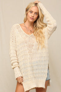 Oatmeal Illusion V Front Pointelle Sweater