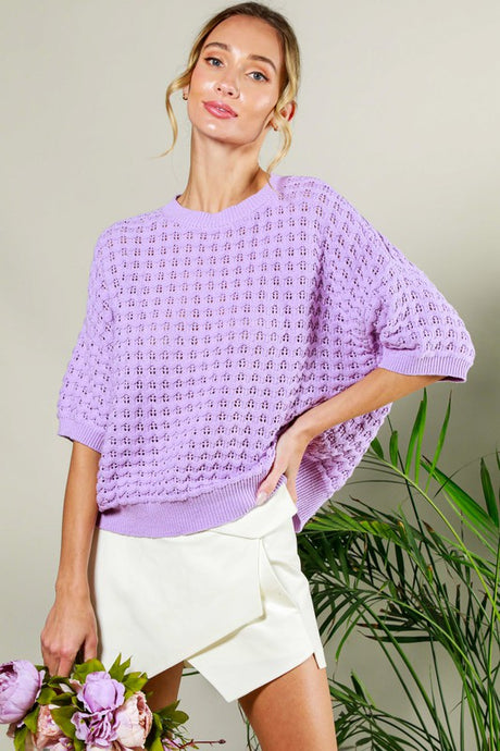 Lavender Short Sleeve Pointelle Summer Sweater Top