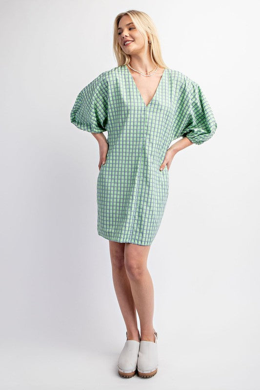 Apple Green Checkered V-Neck Mini Dress with Puff Sleeve Aquarius Brand Apple Green Checkered V-Neck Mini Dress with Puff Sleeve Aquarius Brand