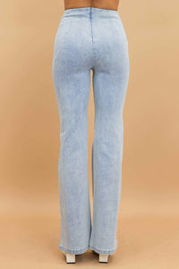 High Waist Washed Denim Pants With Button Detail