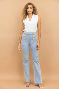 High Waist Washed Denim Pants With Button Detail