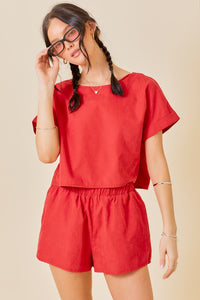 Red Round Neck Short Slvs Top With Shorts Set