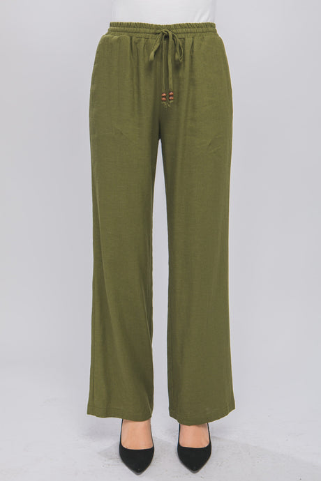 Olive Linen Drawstring Waist Long Pants with Pockets