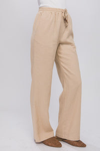 Khaki Linen Drawstring Waist Long Pants with Pockets