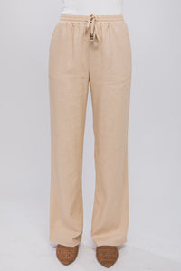 Khaki Linen Drawstring Waist Long Pants with Pockets