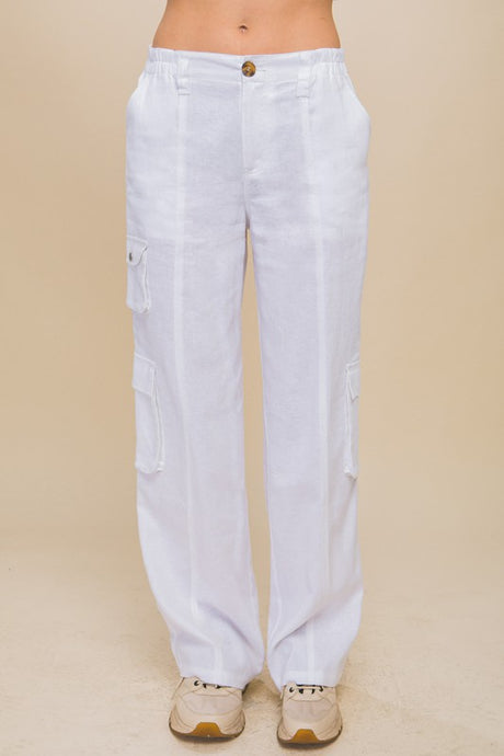 White Linen Parachute Pants With Side Pockets